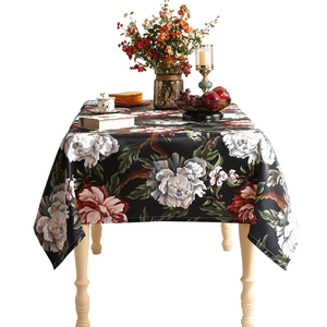 Floral luxury tablecloth with pink peonies on black fabric for rectangular dining tables