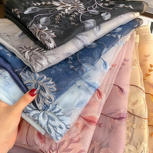 Gros plan d'une écharpe en soie et laine avec broderie de plumes sur tissu transparent