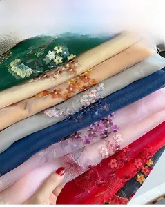 Detailed view of colorful floral embroidery on lightweight semi-transparent silk-wool blend
