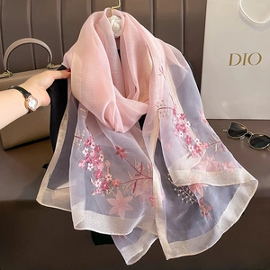 Light pink faux silk wool scarf with floral embroidery and golden shimmering edges