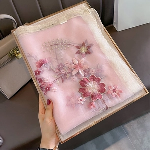 Detail of pink embroidered silk wool scarf with 3D floral patterns and glitter edges
