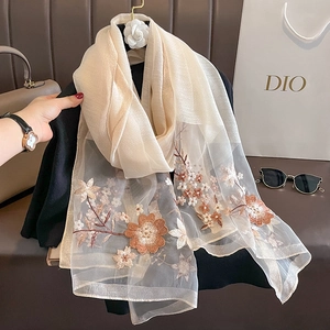 Elegant beige silk wool embroidered scarf with floral patterns for autumn and winter wear