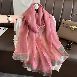 Elegant rose pink silk-like long scarf with gold metallic stripes and gray border detail