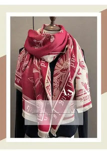 Detail of winter scarf showing red floral jacquard pattern and soft fringe edges