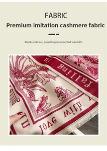 Detail of red and cream floral pashmina scarf with tassel edge and jacquard pattern