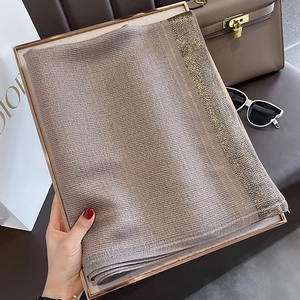 Brown grey long scarf with gold silk glitter trim in a premium rose gold display box