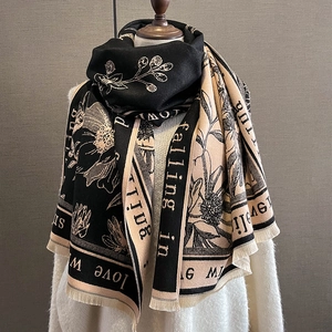 Winter Scarf Shawl Imitation Cashmere Thick Warm Floral Bird Print Letter Design Double Sided Jacquard Tassel For Women