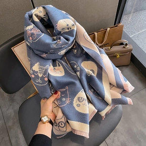 Écharpe D'hiver Pour Femmes Motif Chat Dessin Animé Faux Cachemire Jacquard Châle Long Chaud Double Face À Franges