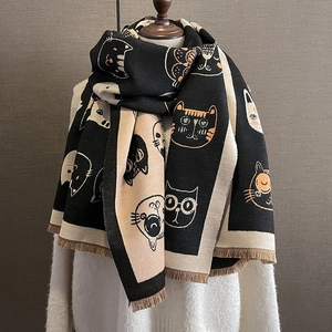 Écharpe style coréen en imitation cachemire avec motifs chats mignons et franges