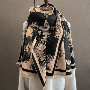 Écharpe Châle Imitation Cachemire Épaissie Chaude Grande Rétro Français Toile De Jouy Imprimé Floral Papillon Frange Femmes