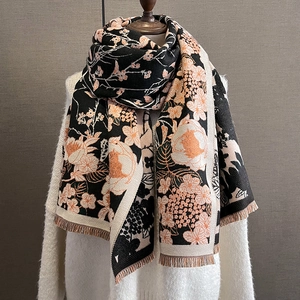 Écharpe Chaude D'hiver En Faux Cachemire Motif Floral Oiseau Jacquard Avec Glands Pour Femmes Mode Élégant