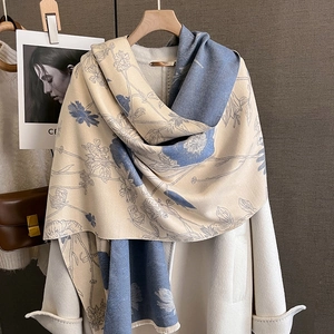 Thick warm winter floral cashmere scarf for women in navy and beige with fringed edges