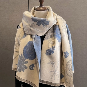 Beige floral cashmere-like winter scarf with navy blue prints and delicate tassels