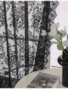 Detailed macro view of black French lace curtain with elegant floral patterns and scalloped edges