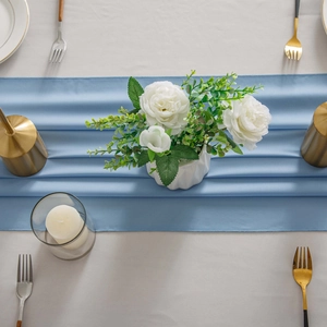 Sky blue minimalist French table runner with pleated silk texture for wedding banquets