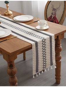 Detail of woven table runner featuring beige and grey patterns with white tassel fringe edges