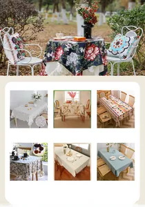 Detail showing various American retro tablecloth patterns with decorative tassels and lace