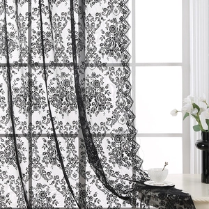 French vintage black lace curtain with damask floral patterns and eyelash lace edges