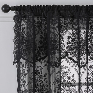 French vintage black lace curtain featuring elegant floral patterns and scalloped edges