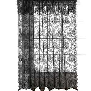 French vintage black lace curtain with rose floral hollow design and wave scalloped edge