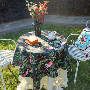 Tropical flamingo and parrot print round tablecloth with elegant white lace lining