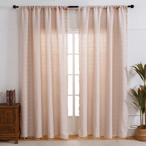 Bohemian Cotton Linen Curtains With Tassels Grid Pattern Modern Minimalist Style For Bedroom Living Room Semi Blackout
