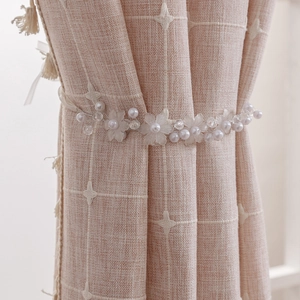 Modern boho linen curtain with tassel stripe and decorative floral pearl tieback