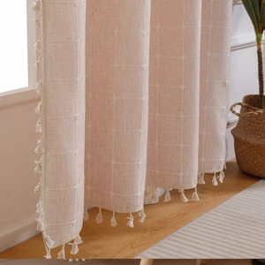 Modern minimalist light pink plaid linen curtains with white tassels for living room decor