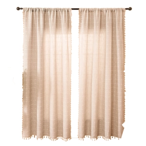 Modern linen boho curtains with beige stripes and pompom tassels for living rooms