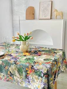 Close-up of premium chenille tablecloth featuring retro oil painting floral patterns