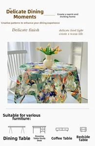 Macro detail of round oil painting floral tablecloth with non-slip wear-resistant fabric