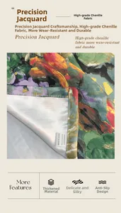Close-up of thick chenille floral jacquard fabric with detailed wash label information