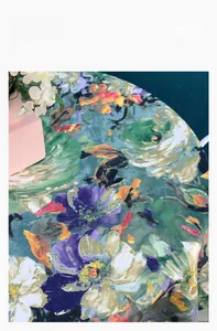 Detail of oil painting floral pattern tablecloth with thick flexible fabric texture