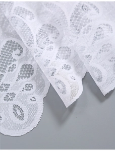 Macro detail of intricate white lace curtain with delicate floral patterns and mesh texture