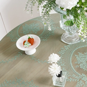 Olive green French pastoral lace round tablecloth with floral patterns and ruffled edges