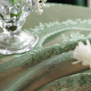French country dark green lace tablecloth with ruffles and floral embroidery