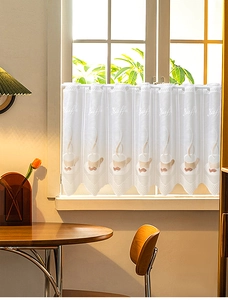 Detail of white lace cafe curtain featuring coffee cup patterns and scalloped edges