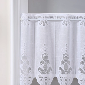White lace cafe curtain with floral hollow patterns and rod pocket for windows