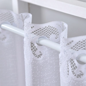 White crochet lace cafe curtain with scallop edge and rod pocket for kitchen windows