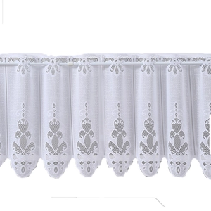 White lace cafe curtain with floral pattern and scalloped edge for kitchen windows