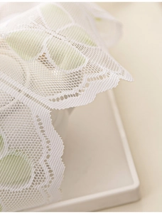 Macro detail of white lace curtain showing mesh texture and delicate butterfly patterns