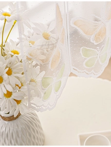 Detail of white lace curtain showing delicate butterfly and daisy floral embroidery