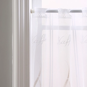 White lace cafe curtain with Kaffee text and floral pattern for kitchen windows