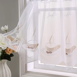 White lace kitchen curtain with coffee cup embroidery and scalloped pointed edges
