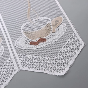 White lace cafe curtain featuring coffee cup embroidery and scalloped edge detail