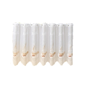 White Nordic lace coffee curtain with Kaffe cup embroidery and rod pocket header