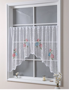 Detailed embroidery of colorful flowers on white lace cafe curtain for kitchen windows