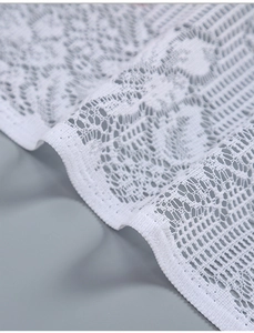 Detailed close-up of white lace fabric featuring elegant floral patterns and mesh texture