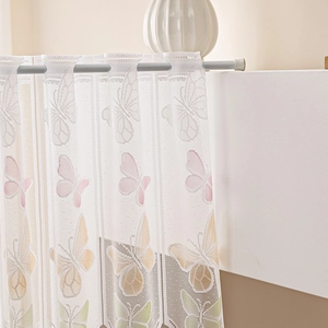 White lace cafe curtain featuring colorful butterfly patterns and hollow lace embroidery
