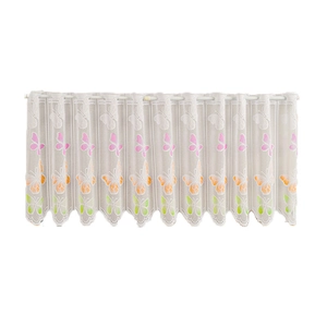 White lace short kitchen curtain featuring colorful embroidered butterflies and scalloped edges